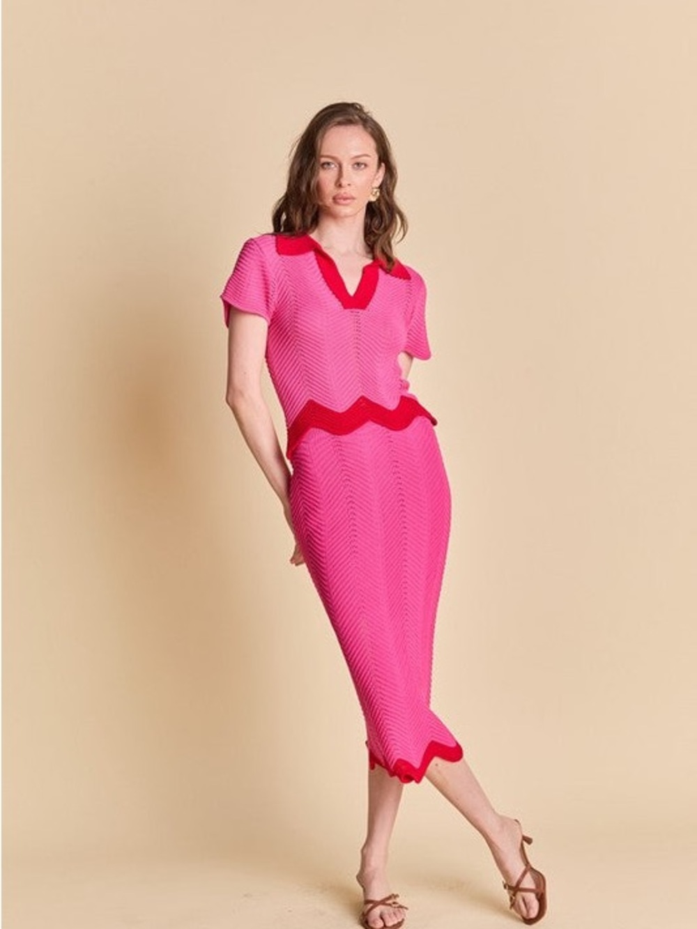 Bright Pink Knit Two Piece Set - Midi  Skirt and Scalloped Knit Polo Top